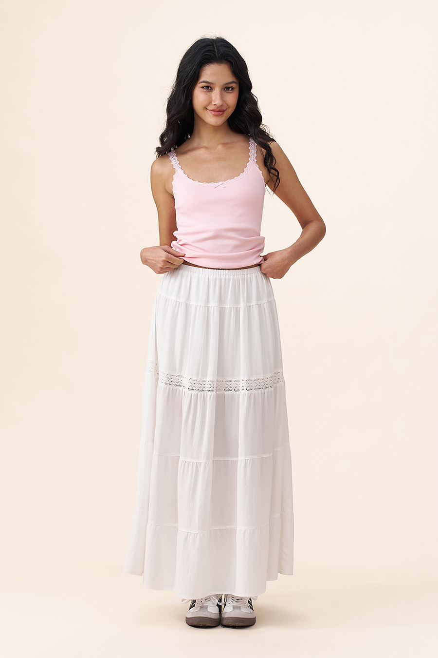 Lace Tiered White Maxi Skirt|yescci