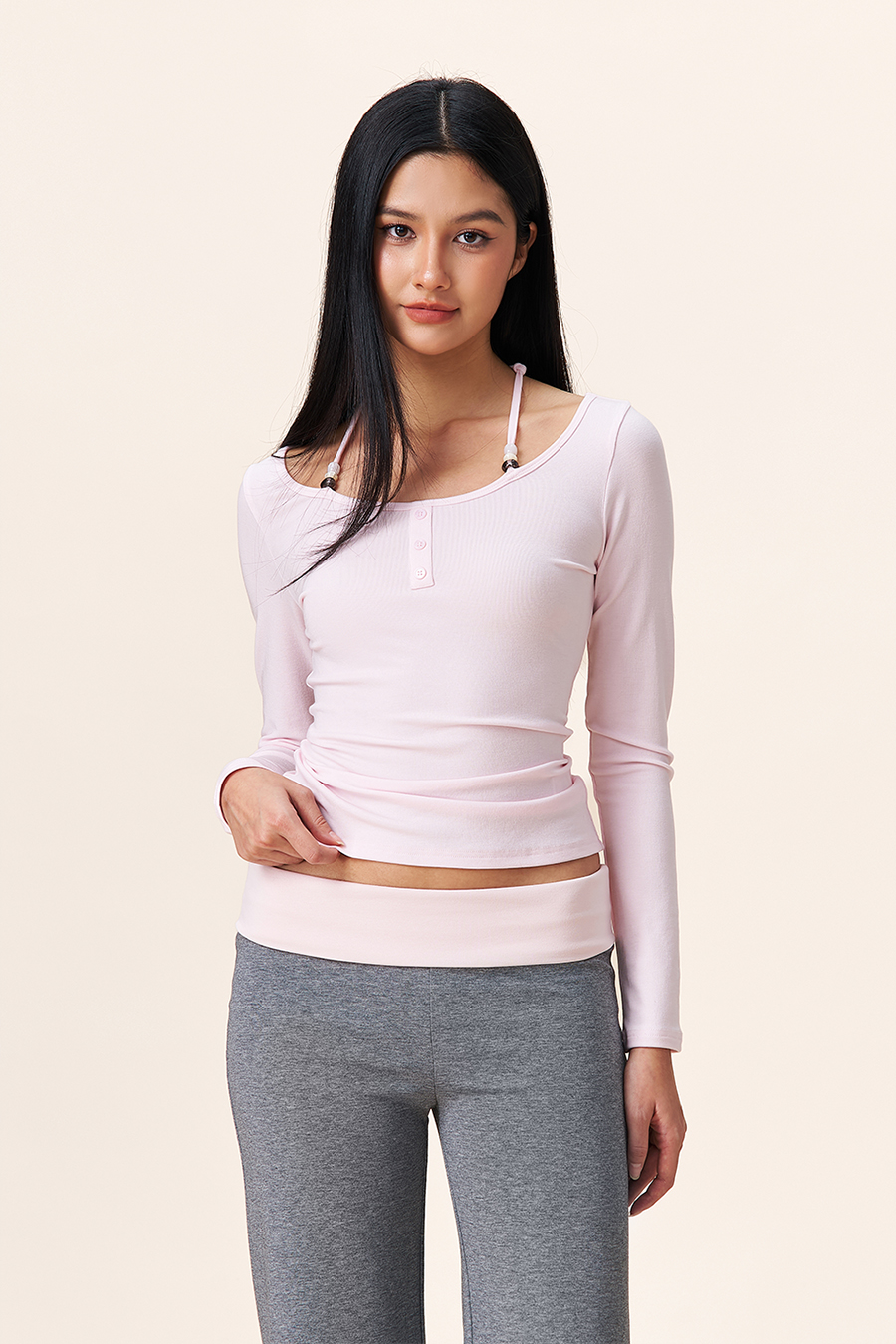 Halter Tie Henley Neck Blouse|yescci