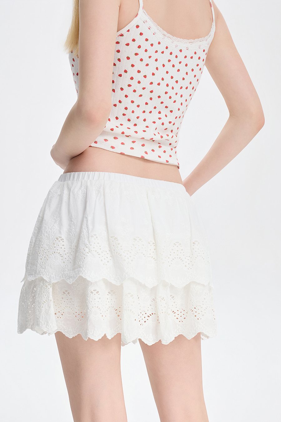 White Eyelet Tiered Mini Skirt|yescci