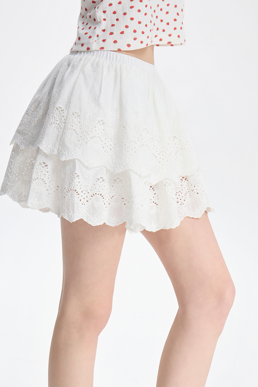 White Eyelet Tiered Mini Skirt|yescci
