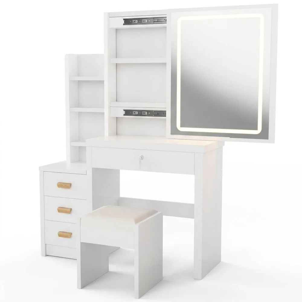 Tocador Blanco con Espejo y Taburete, Mesa de Maquillaje con Iluminación LED y 4 Cajones, Mobiliario para Dormitorio, 135 x 80 x 36 cm