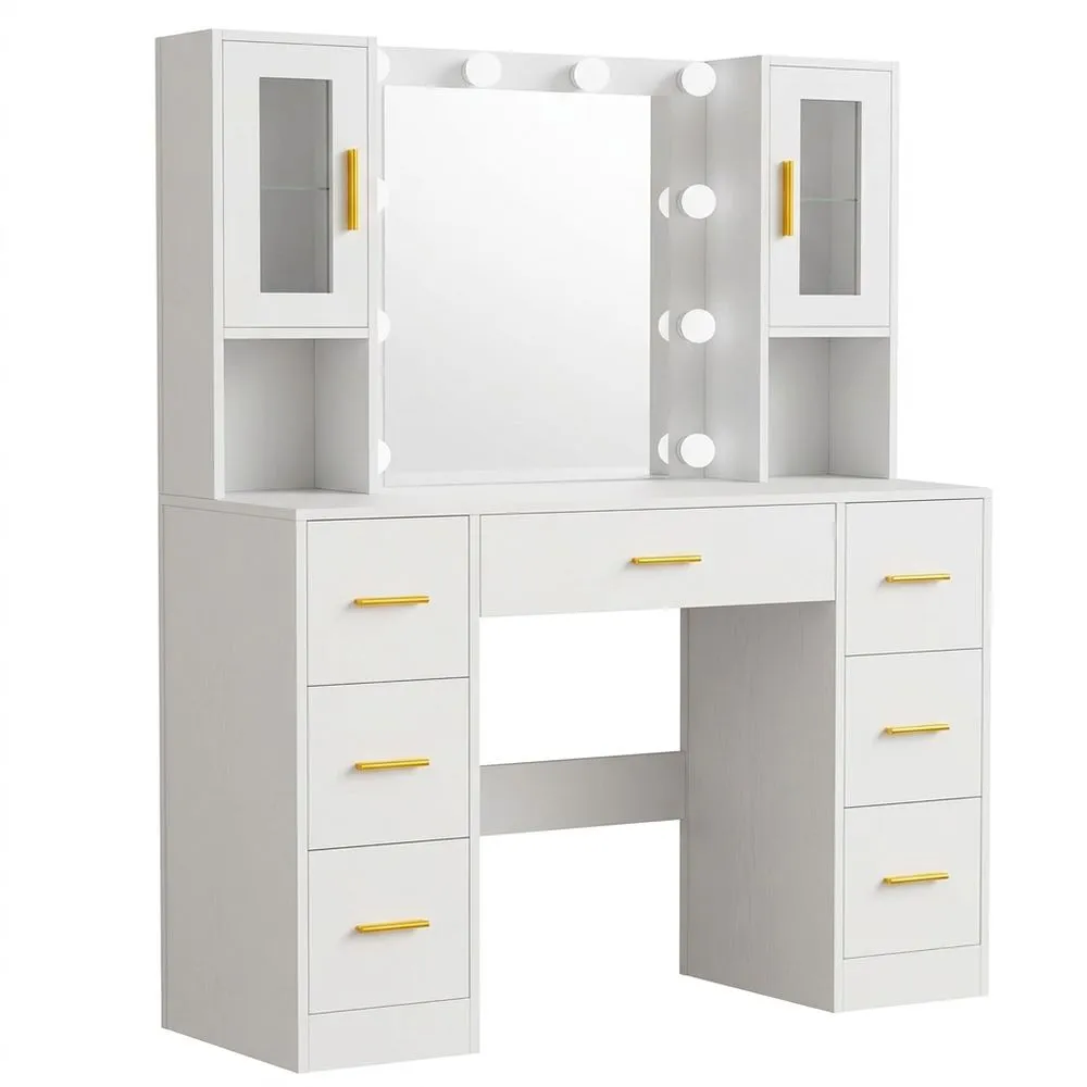 Tocador Grande con Luces LED Regulables y Enchufes, Mesa de Maquillaje con Espejo y 7 Cajones para Dormitorio