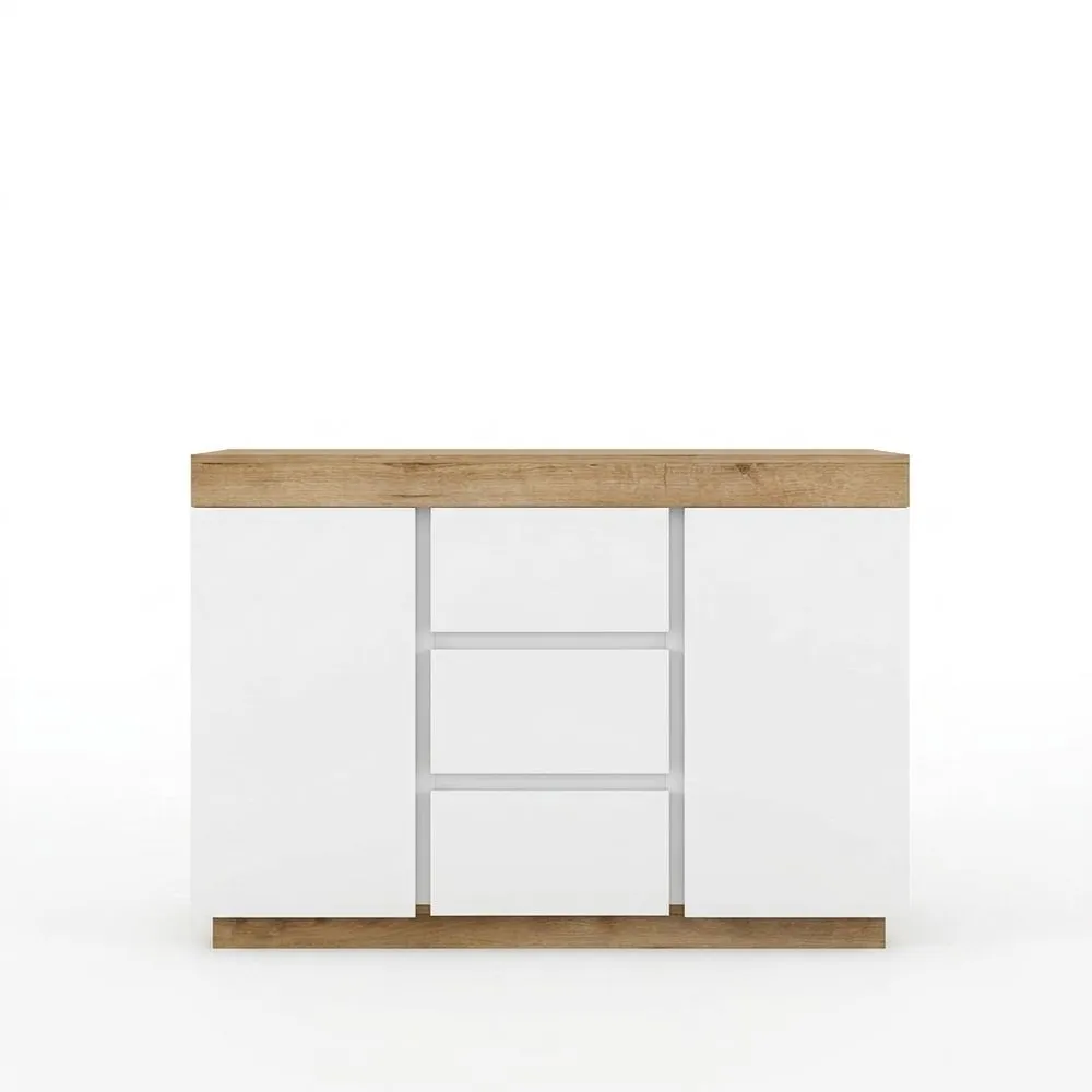 Cómoda Blanca de 3 Cajones y 2 Puertas 120 cm, Aparador para Dormitorio y Sala, Mueble Lateral sin Tiradores, Madera Blanca y Roble