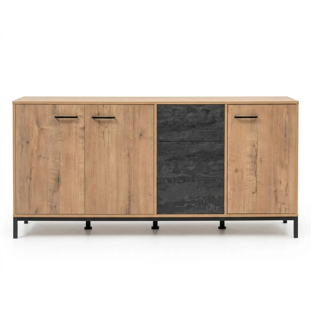 Aparador Moderno de Madera con 3 Puertas y 3 Cajones, Negro y Roble Dorado, 85x180x40cm, Para Salón, Comedor u Oficina