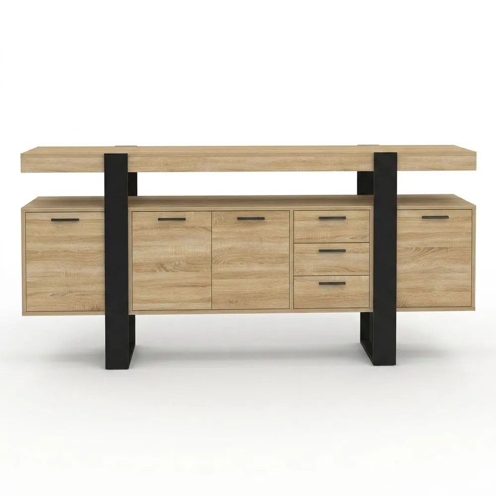 Aparador XXL de Madera Negra con 4 Puertas y 3 Cajones