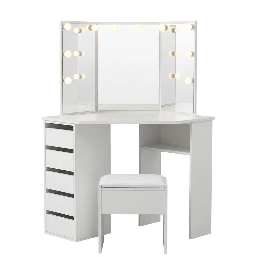 Tocador de Maquillaje con Luz y Taburete, Mesa de Tocador con Espejo LED, Blanco con Cajón y Compartimentos para Dormitorio