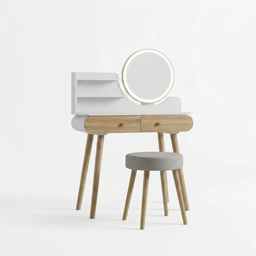 Tocador Blanco de 80 cm con Iluminación LED y Taburete, Espejo Redondo