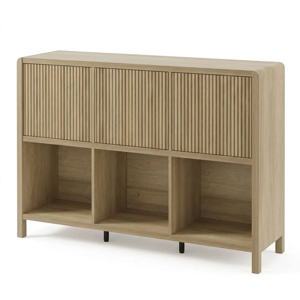 Aparador Bajo con 6 Compartimentos y Puertas Variables, Armario Multiusos, Efecto Roble Rústico