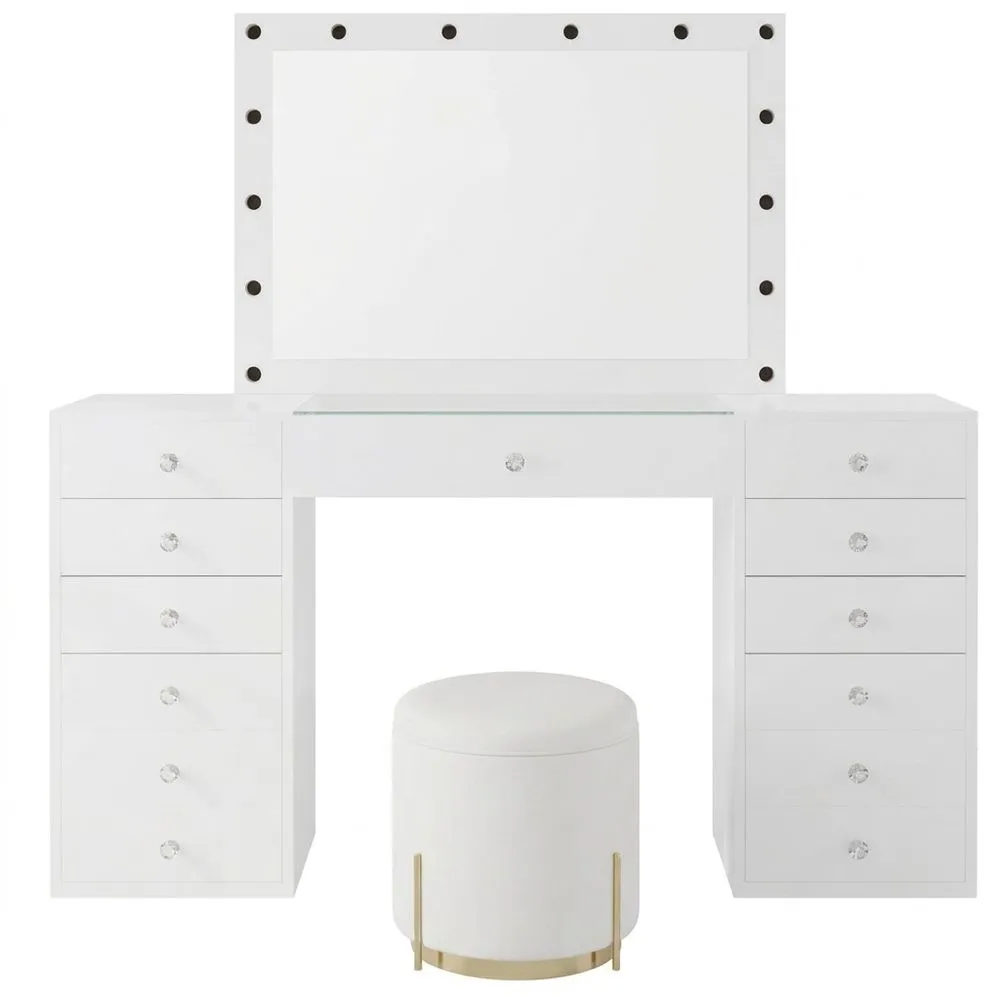 Tocador con Espejo e Iluminación LED, 3 Colores de Luz, con Cajones y Conexiones USB