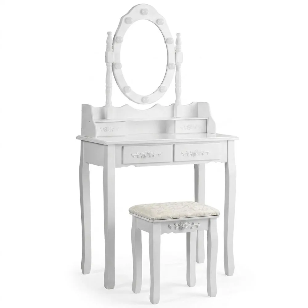 Tocador de Maquillaje con Espejo Giratorio y Taburete, Mesa Cosmética con 10 Luces LED y 4 Cajones para Dormitorio
