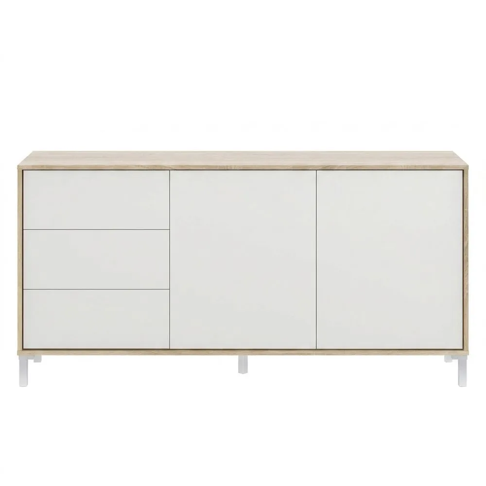 Aparador con 2 Puertas y 3 Cajones, Roble Natural y Blanco, 74x154x41 cm