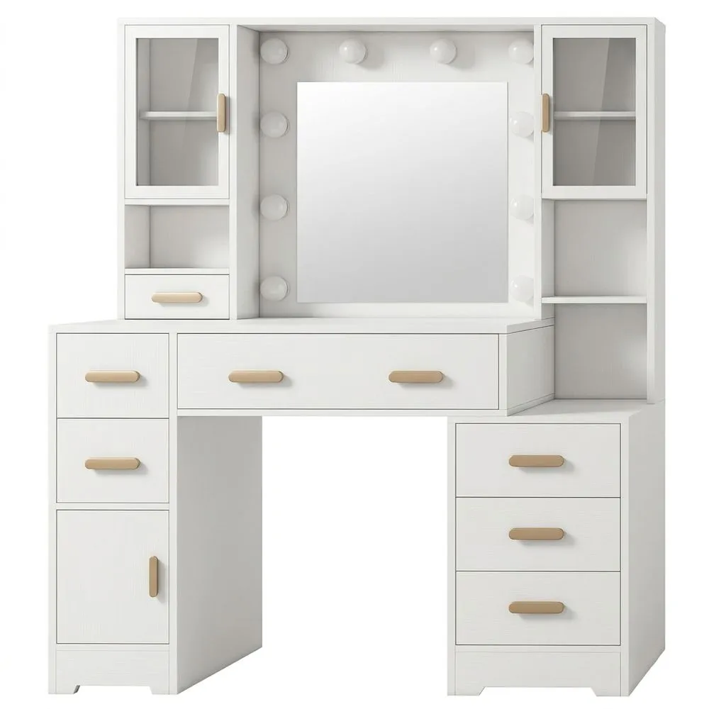 Tocador de Maquillaje con Espejo y Luz LED, Mesa de Tocador Blanca Grande con 7 Cajones y 3 Puertas, Incluye Salida de Energía y USB para Dormitorio