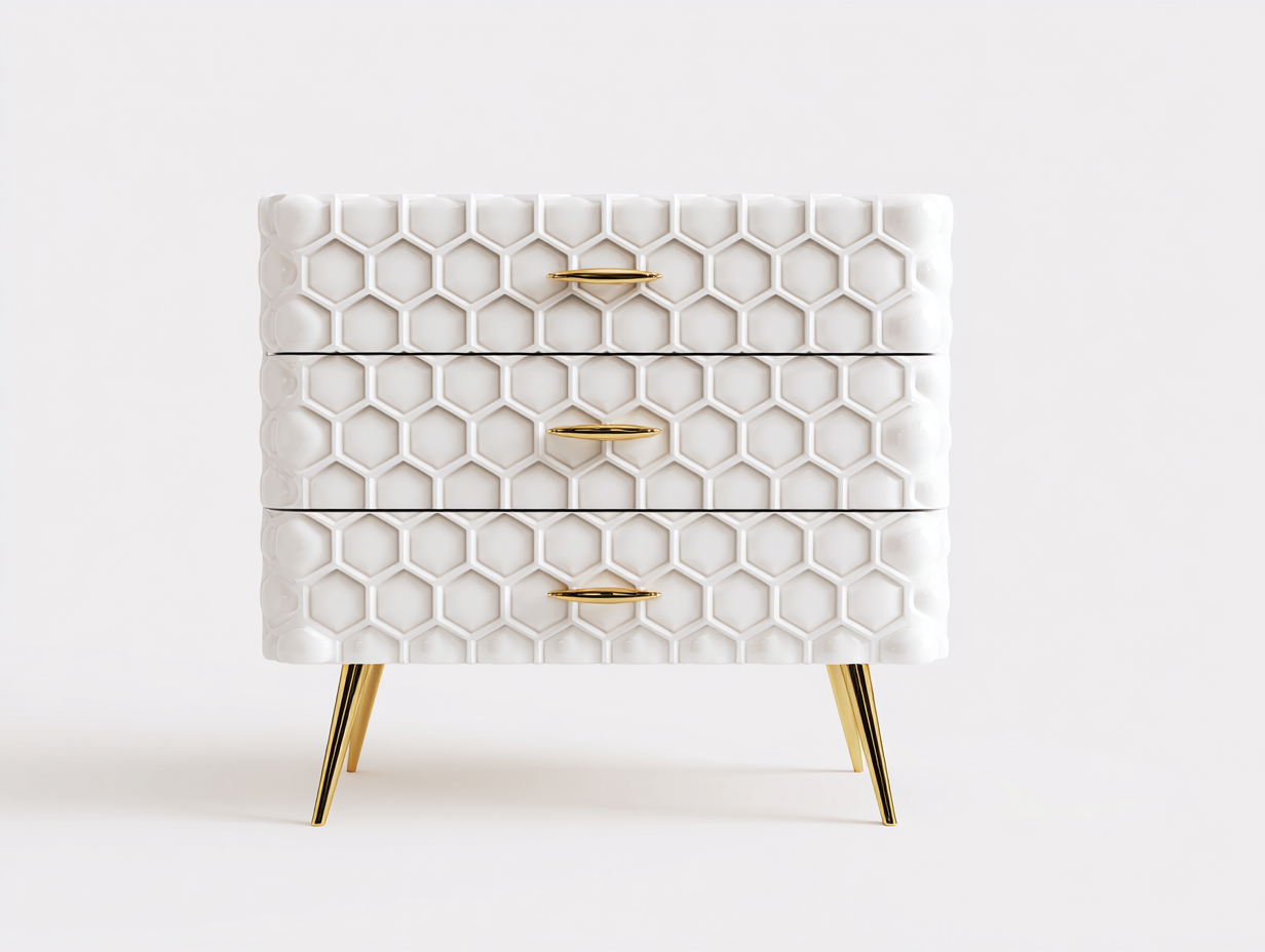 Kommode Holz MDF Weiß 75x40x70 cm-3 Schubladen-Wabenstruktur Goldfüße Modern-hatilihome