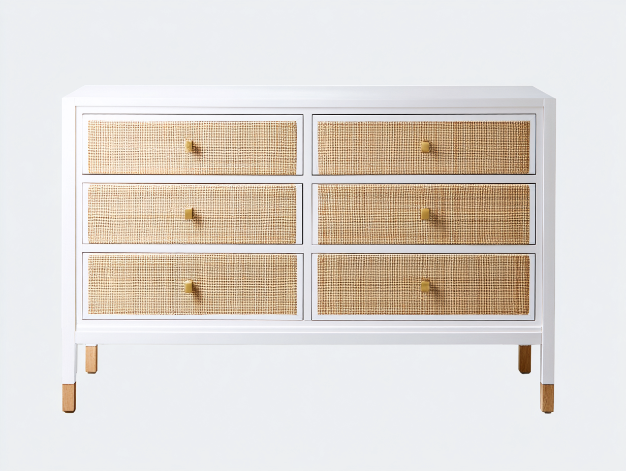 Kommode Holz MDF Weiß 135x45x82 cm-6 Schubladen-Rattanoptik Front Modernes Naturdesign Schlafzimmer-hatilihome