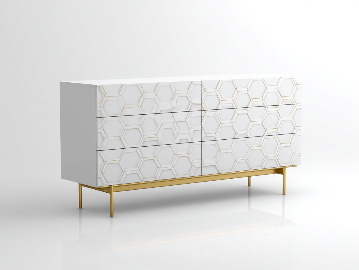 Kommode Holz MDF Weiß 140x45x75 cm-6 Schubladen-Wabenmuster Goldgestell Modern-hatilihome