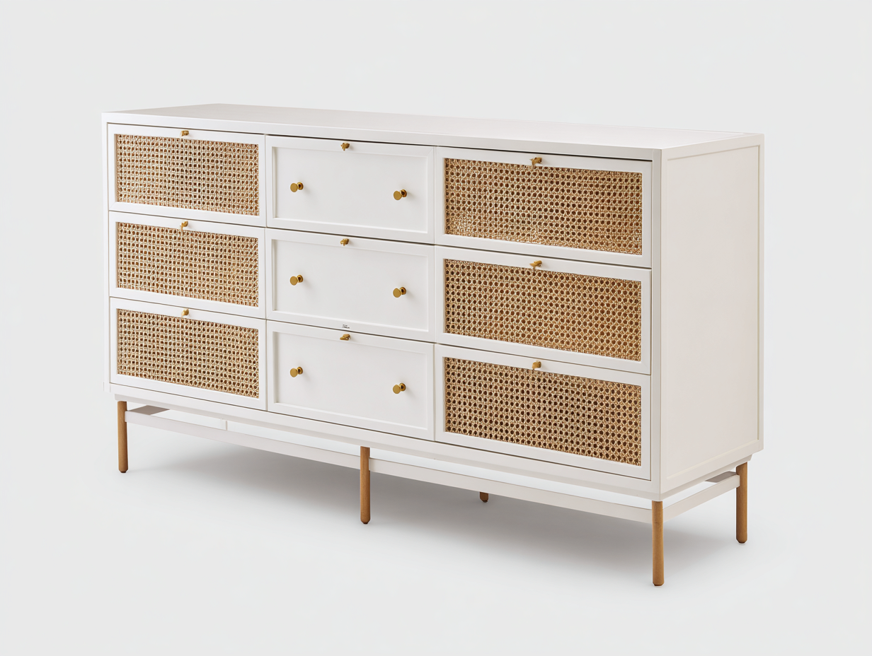 Kommode Holz MDF Weiß 160x45x80 cm-9 Schubladen-Rattanfront Natur Modernes Schlafzimmer-hatilihome