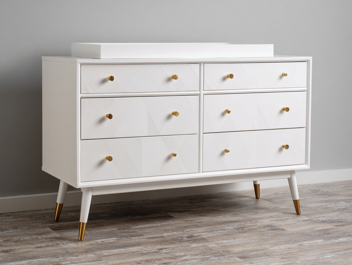 Kommode Holz MDF Weiß 140x45x80 cm-6 Schubladen-Goldene Griffe Retro Modern Schlafzimmer-hatilihome