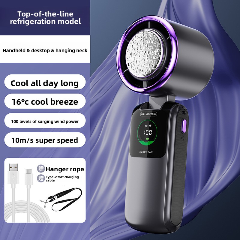 New Cross-Border Semiconductor Cooling Ice High-Speed Handheld Fan Portable USB Digital Display Foldable Outdoor Mini Fan