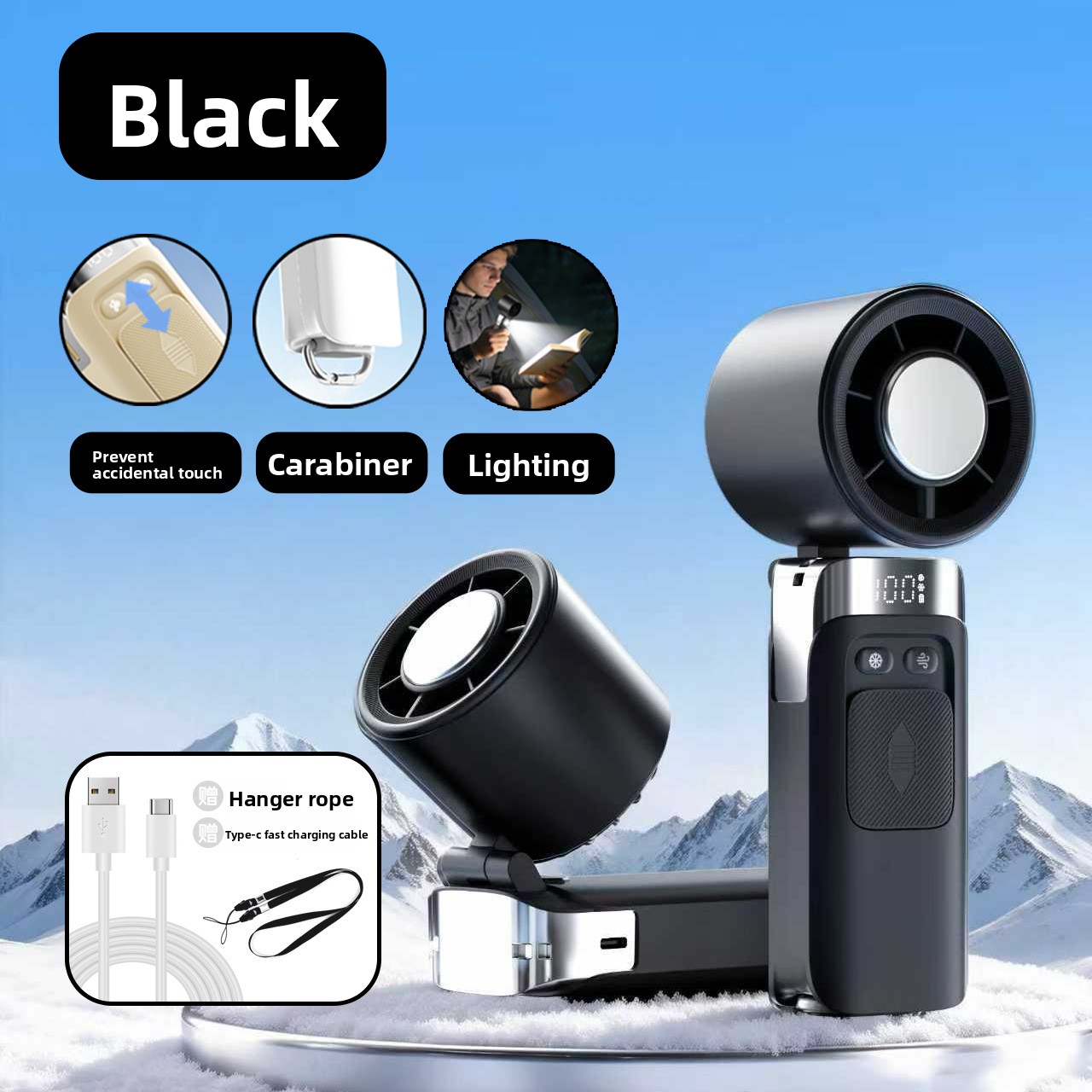 New Cross-Border Semiconductor Cooling Ice High-Speed Handheld Fan Portable USB Digital Display Foldable Outdoor Mini Fan