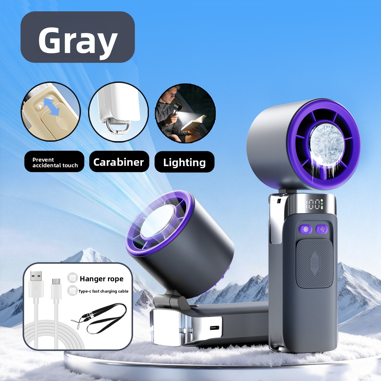 New Cross-Border Semiconductor Cooling Ice High-Speed Handheld Fan Portable USB Digital Display Foldable Outdoor Mini Fan