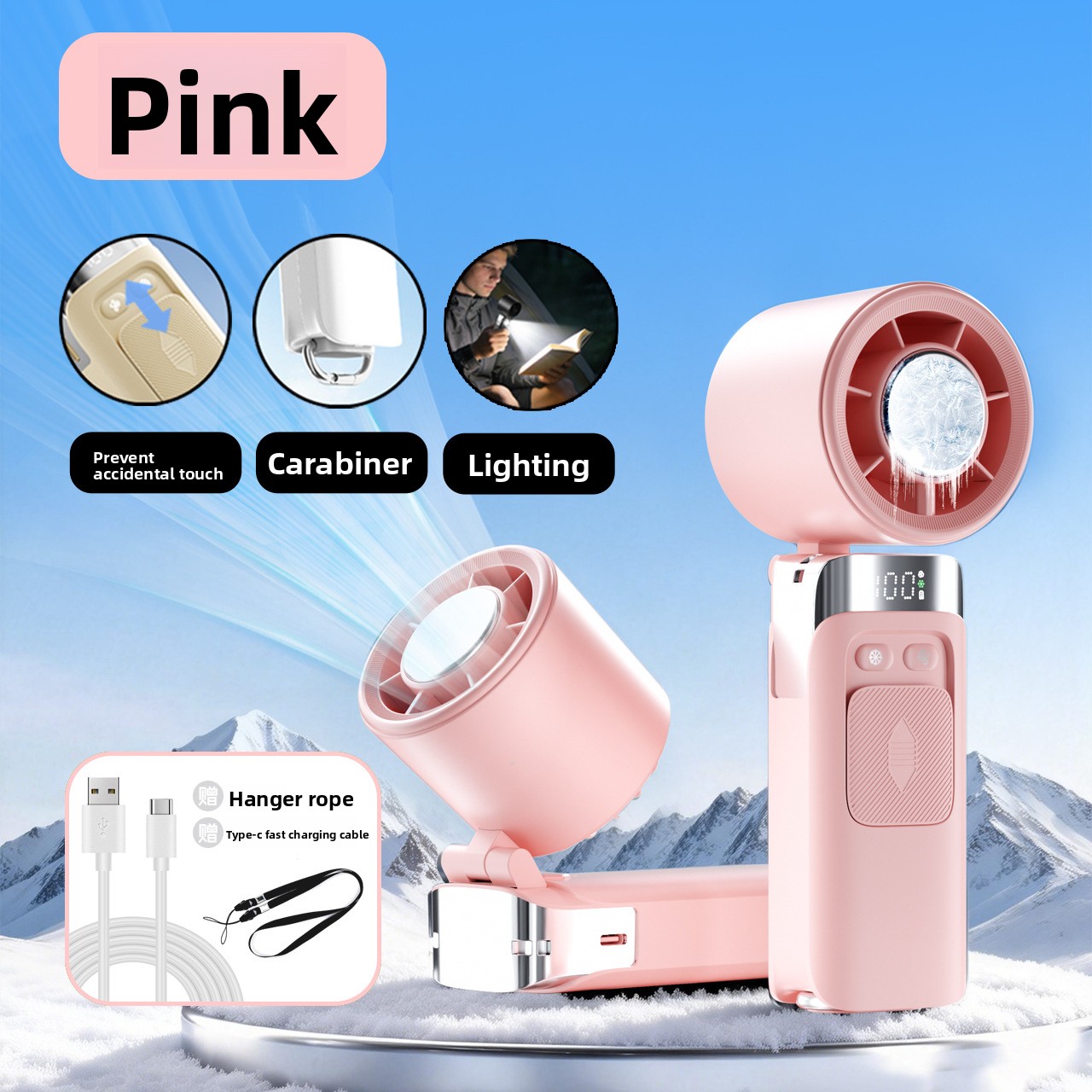 New Cross-Border Semiconductor Cooling Ice High-Speed Handheld Fan Portable USB Digital Display Foldable Outdoor Mini Fan