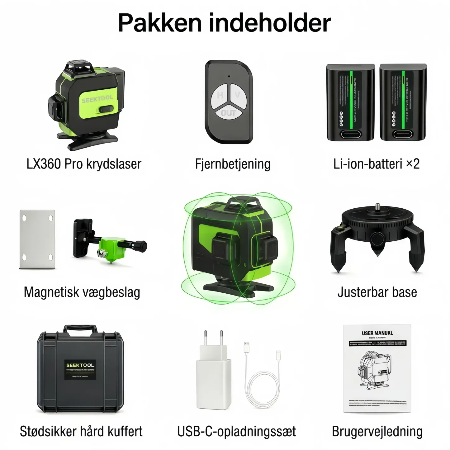 SEEKTOOL LX360 Pro – grøn 4 x 360° linjelaser med 16 linjer
