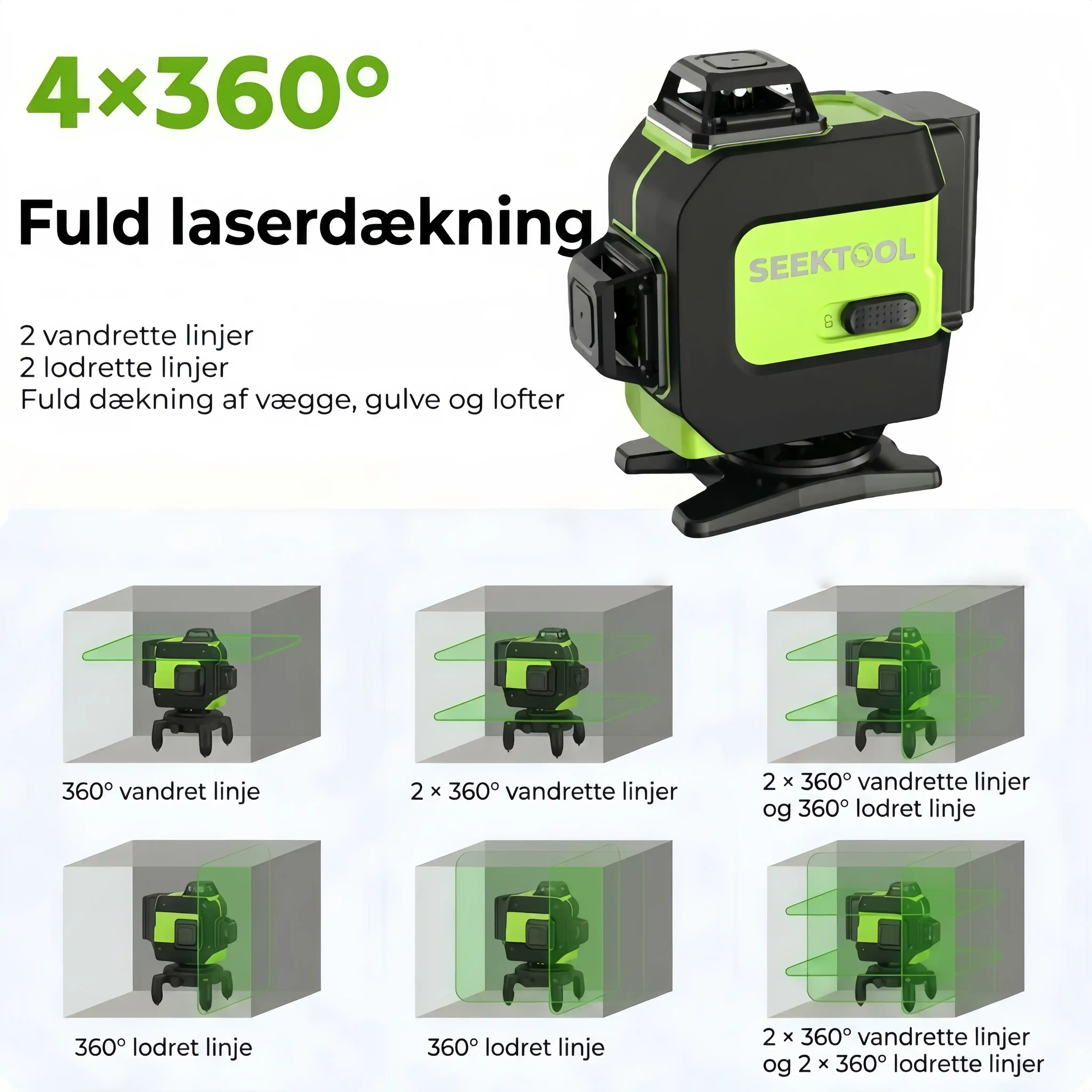 SEEKTOOL LX360 Pro – grøn 4 x 360° linjelaser med 16 linjer