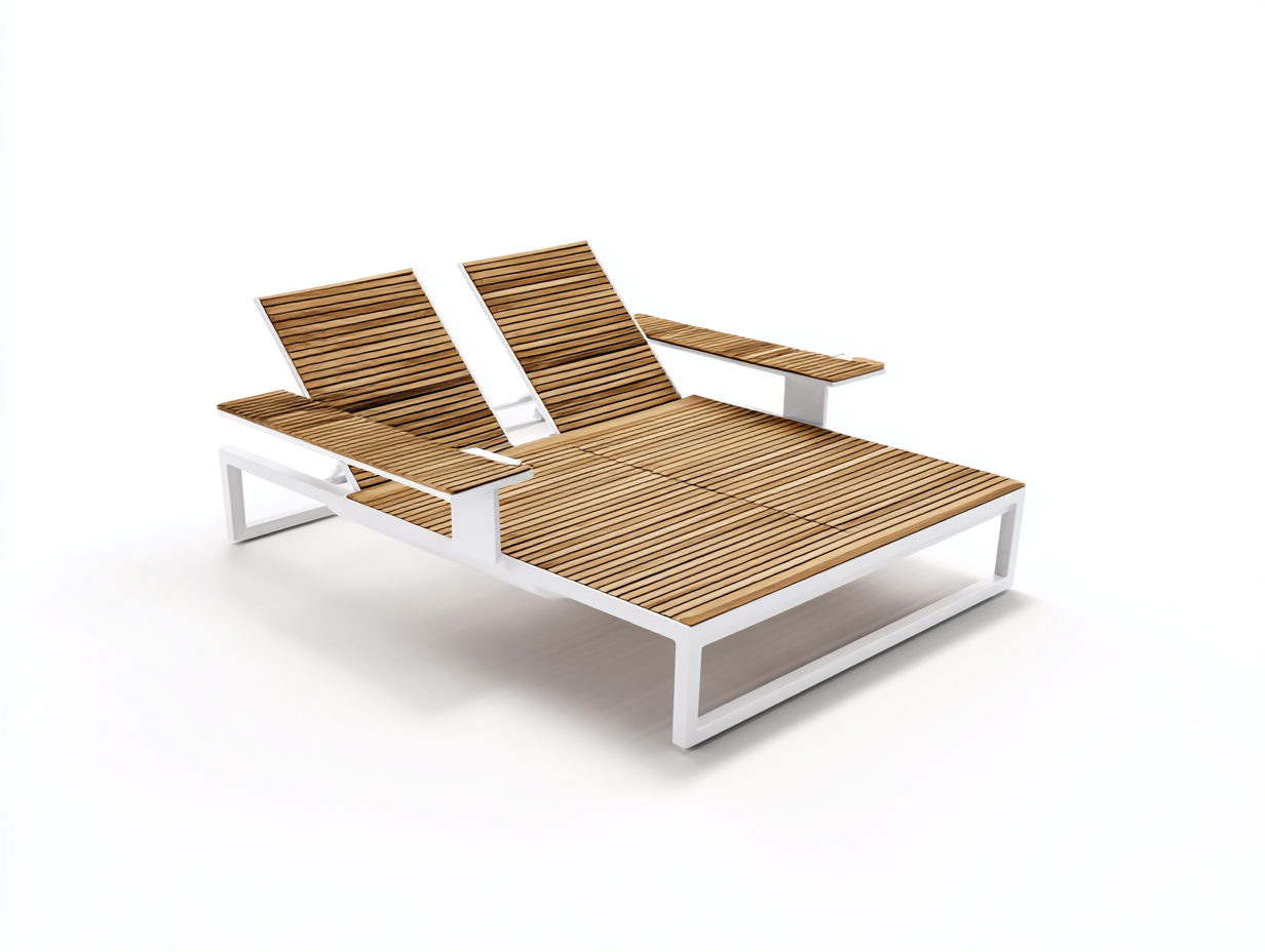 Sonnenliege Holz Metall 200x118x35 cm-Naturbraun-Weiß-Verstellbare Rückenlehnen Garten-Salaydecor