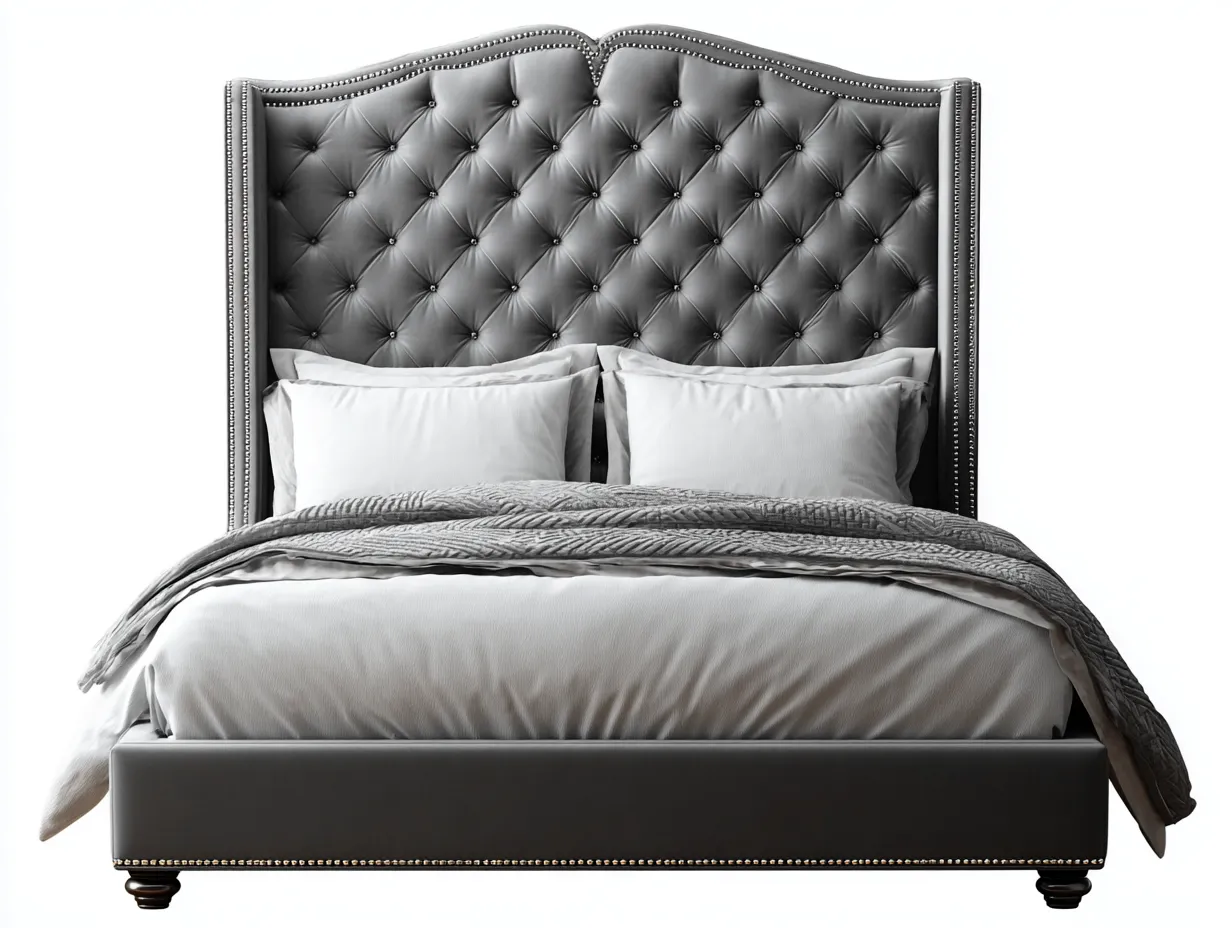 Letto matrimoniale - legno-velluto - 215x185x140 cm - grigio scuro - stile classico elegante-Talavacasa