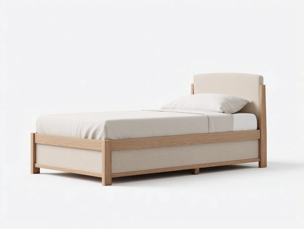 Letto singolo-legno massello-tessuto-203 x 97 x 98 cm-legno chiaro-beige-moderno-Talavacasa