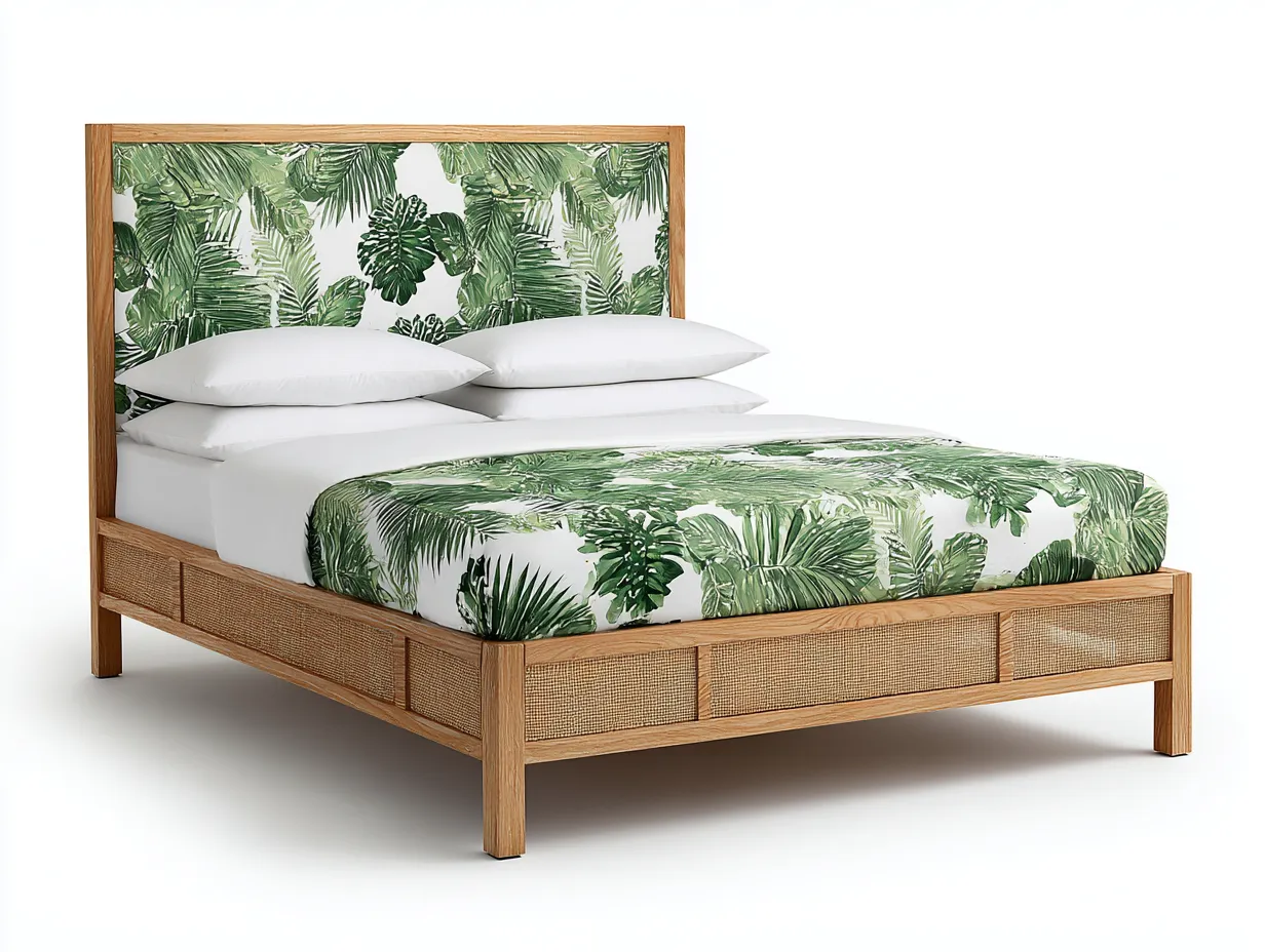 Letto matrimoniale-Legno massello-Rattan-210x170x110 cm-Rovere chiaro-Stile naturale moderno-Talavacasa