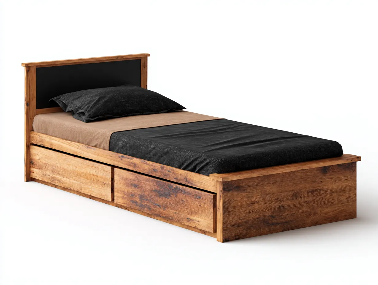 Letto singolo-legno massello-205 x 98 x 95 cm-marrone naturale-nero-rustico-Talavacasa