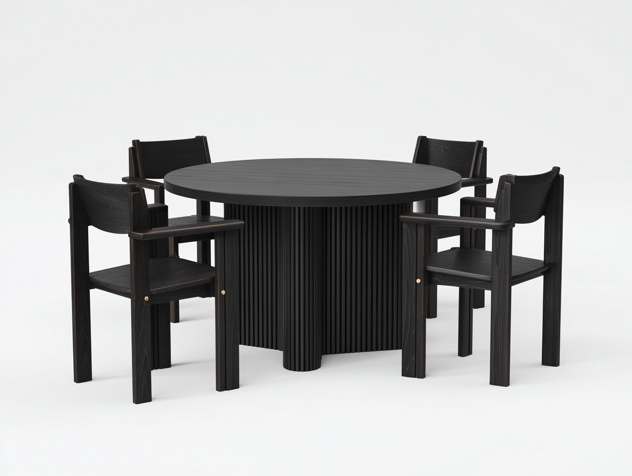 Set tavolo da pranzo rotondo con sedie - struttura in legno massello finitura nera con base cilindrica e sedute in legno - tavolo 120x120x75 cm sedia 50x52x80 cm - nero - design moderno soggiorno-Malaionest