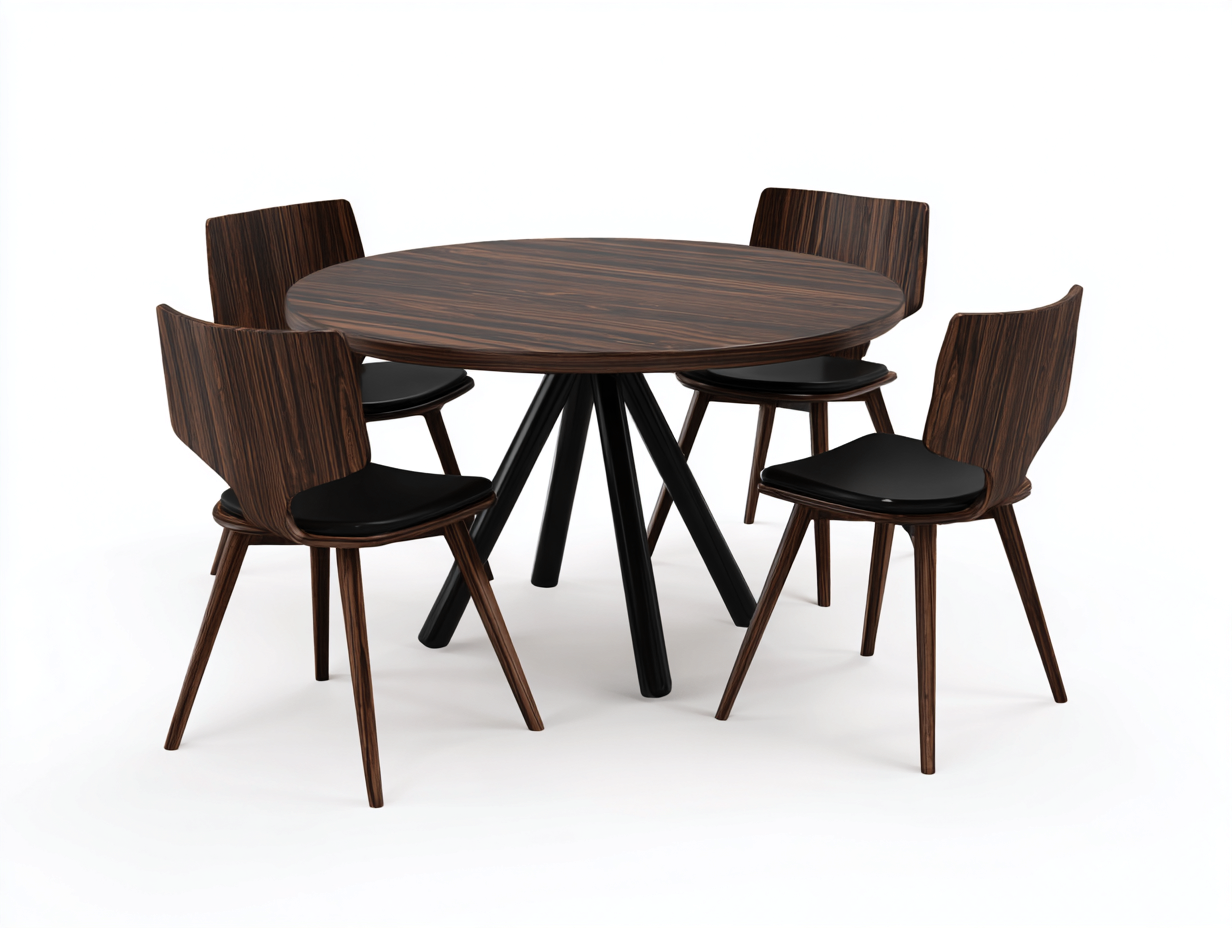 Set tavolo da pranzo rotondo con sedie - piano in legno effetto noce e base in metallo con sedute legno e imbottitura - tavolo 120x120x75 cm sedia 45x50x82 cm - marrone scuro e nero - design moderno cucina-Malaionest