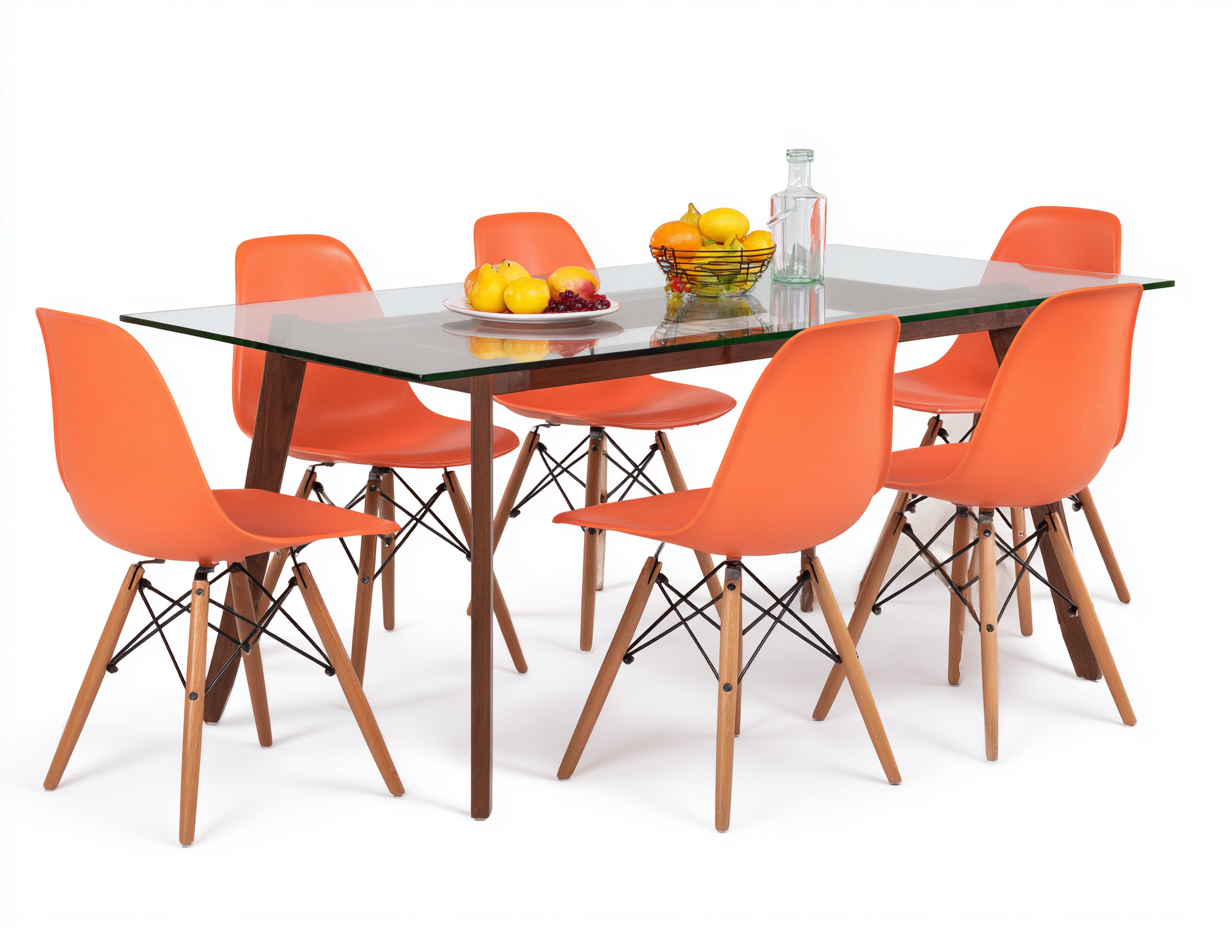 Set tavolo da pranzo con sedie - piano in vetro temperato e struttura legno con sedute plastica - tavolo 140x80x75 cm sedia 45x50x82 cm - arancione e legno - design moderno cucina-Malaionest