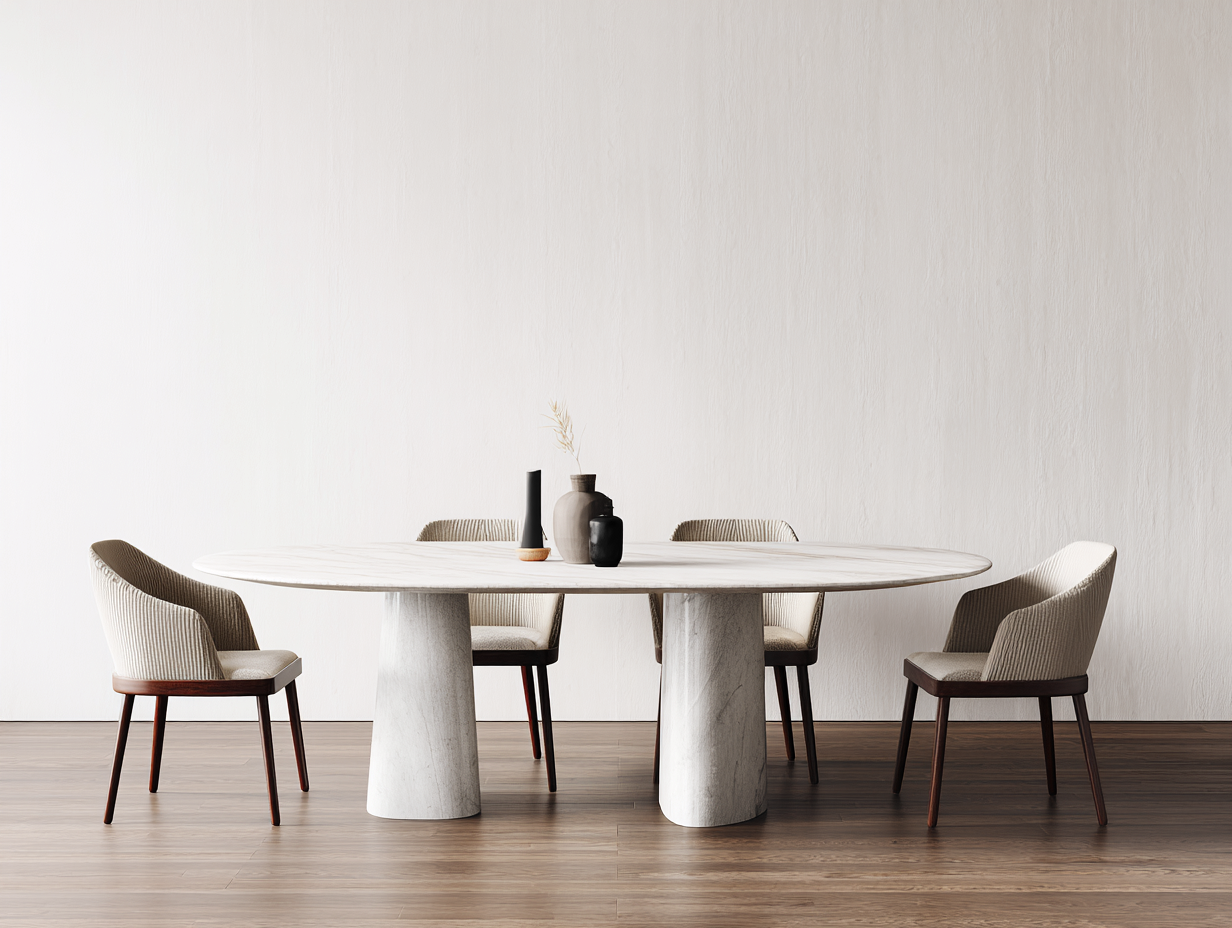 Set tavolo da pranzo ovale con sedie - piano in marmo e base cilindrica con sedute imbottite tessuto - tavolo 180x100x75 cm sedia 48x55x80 cm - bianco e beige - design moderno soggiorno-Malaionest