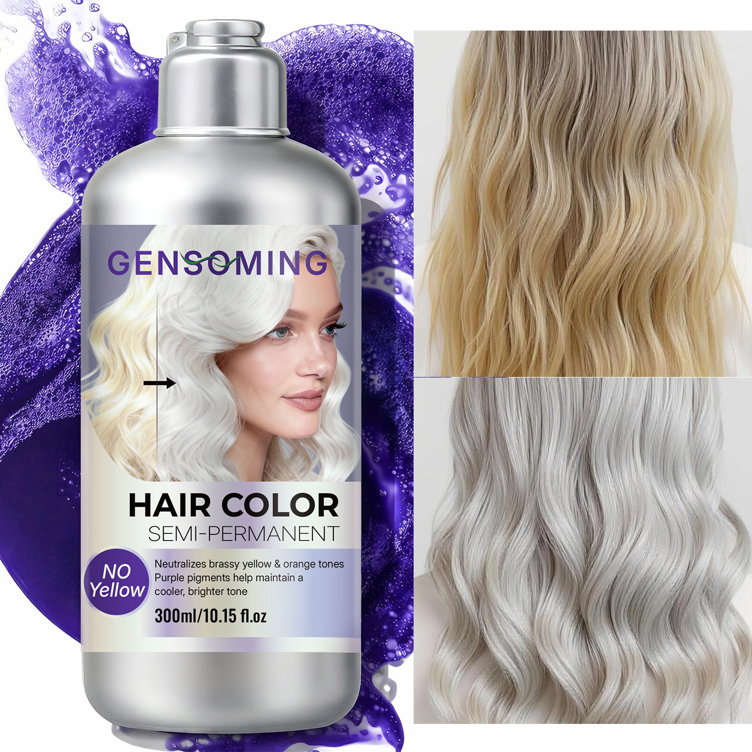 GENSOMING No Yellow Semi-Permanentes Färbeshampoo 300ml– neutralisiert Gelbstich nach Blondieren, mit Portulak-Extrakt, langanhaltende Farbe, kühle helle Blondtöne zu Hause