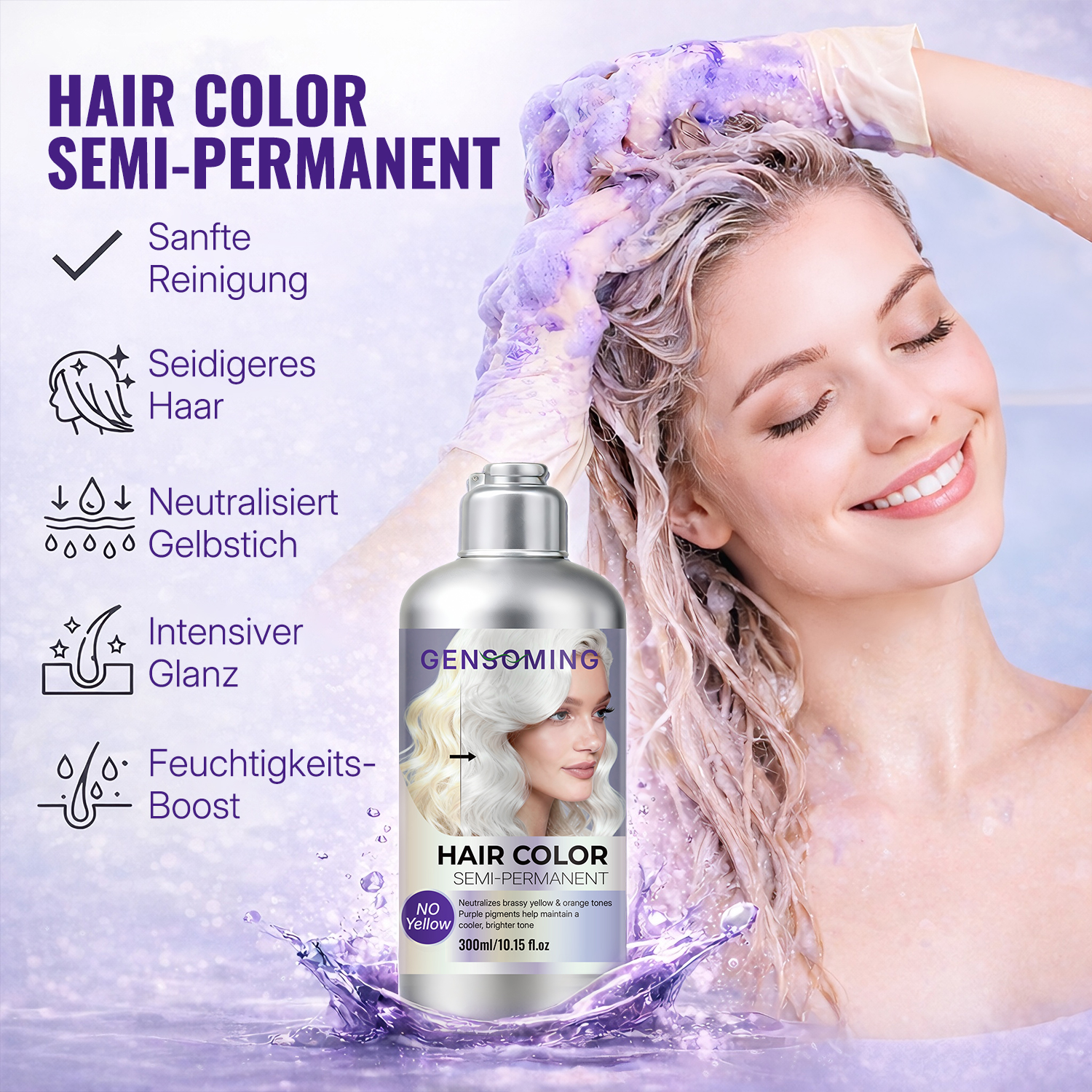 GENSOMING No Yellow Semi-Permanentes Färbeshampoo 300ml– neutralisiert Gelbstich nach Blondieren, mit Portulak-Extrakt, langanhaltende Farbe, kühle helle Blondtöne zu Hause