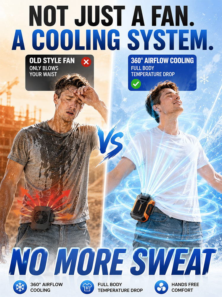 No more sweating, convenient waist-mounted fan