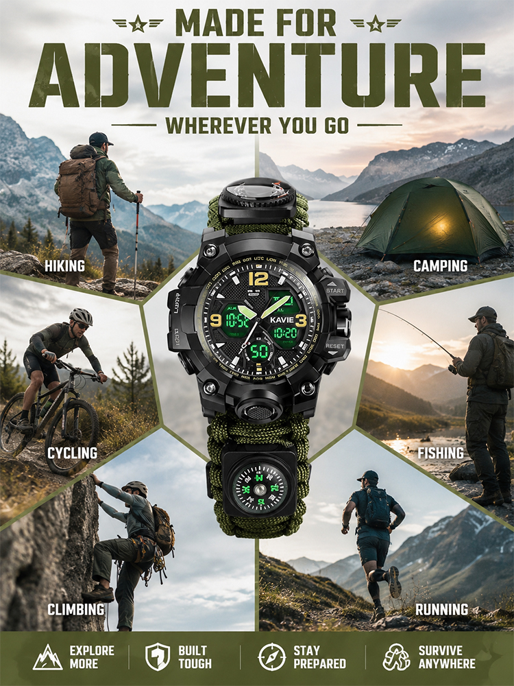 Outdoor survival multi-functional watch with three protection functions