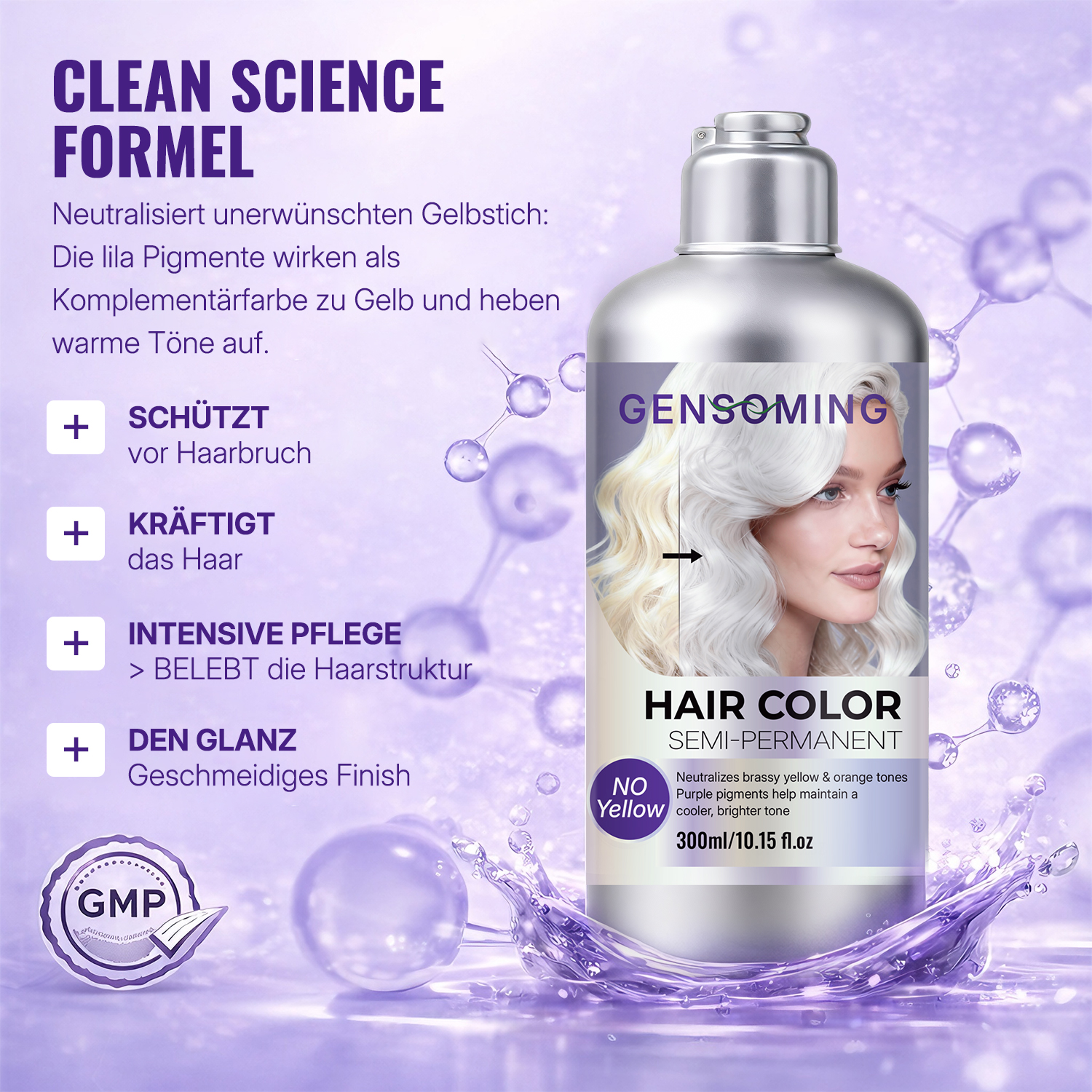GENSOMING No Yellow Semi-Permanentes Färbeshampoo 300ml– neutralisiert Gelbstich nach Blondieren, mit Portulak-Extrakt, langanhaltende Farbe, kühle helle Blondtöne zu Hause