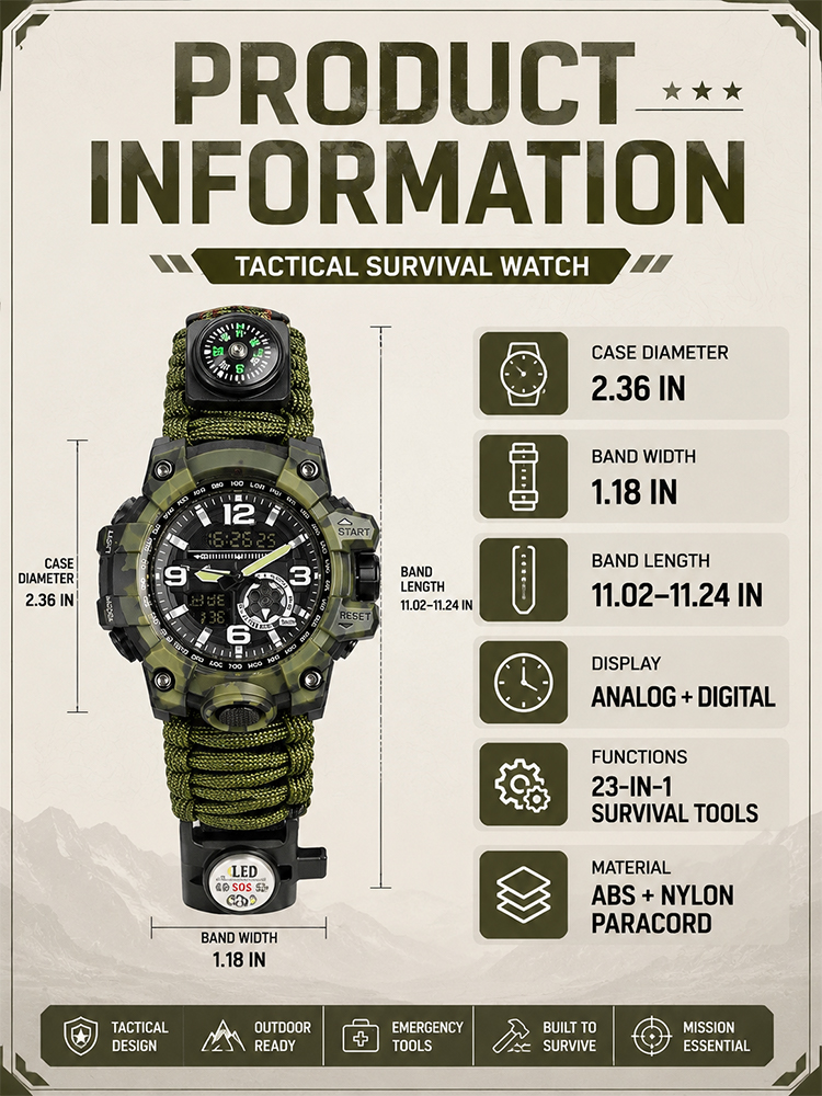 Outdoor survival multi-functional watch with three protection functions
