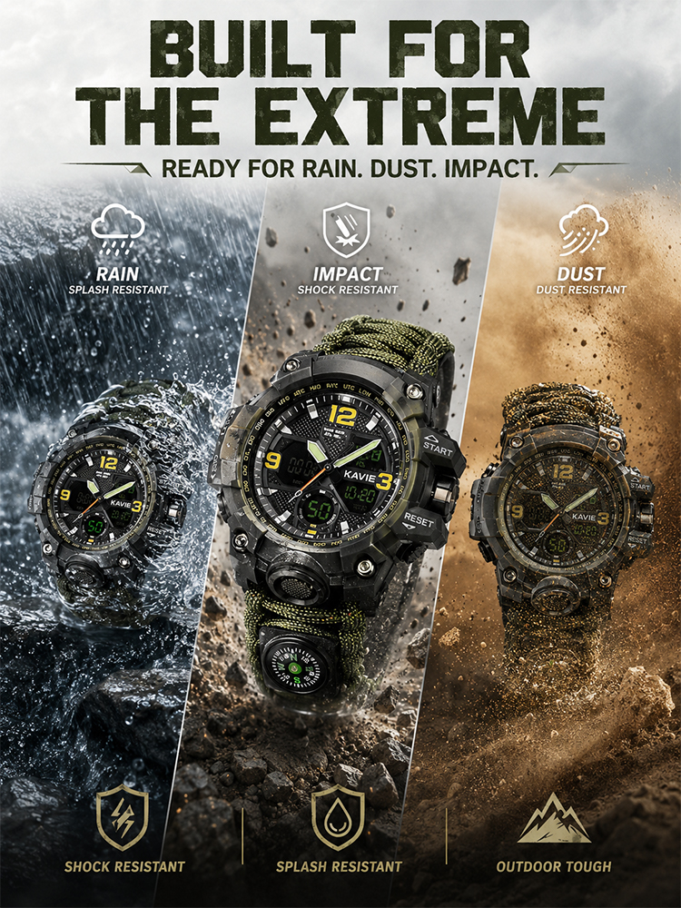 Outdoor survival multi-functional watch with three protection functions
