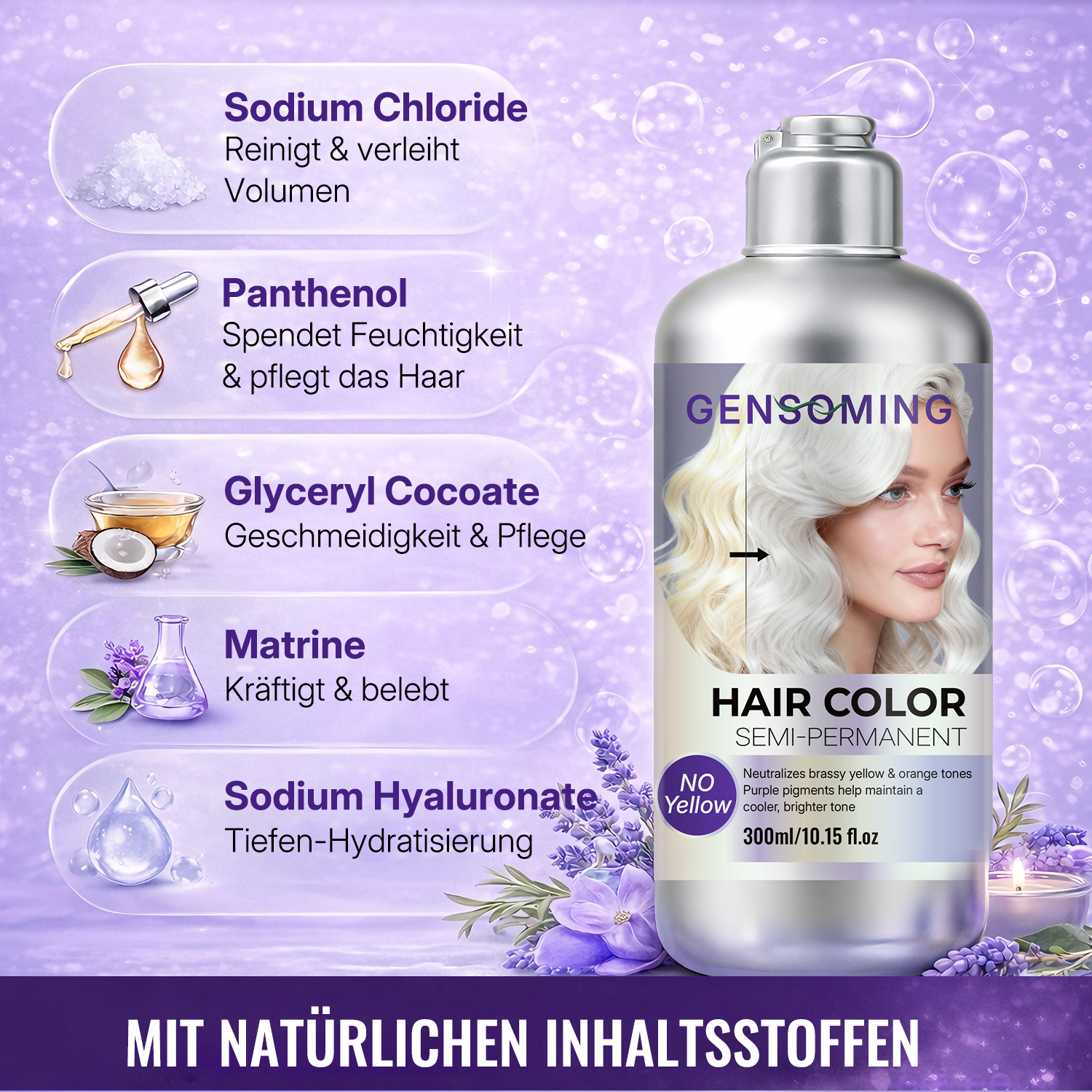 GENSOMING No Yellow Semi-Permanentes Färbeshampoo 300ml– neutralisiert Gelbstich nach Blondieren, mit Portulak-Extrakt, langanhaltende Farbe, kühle helle Blondtöne zu Hause