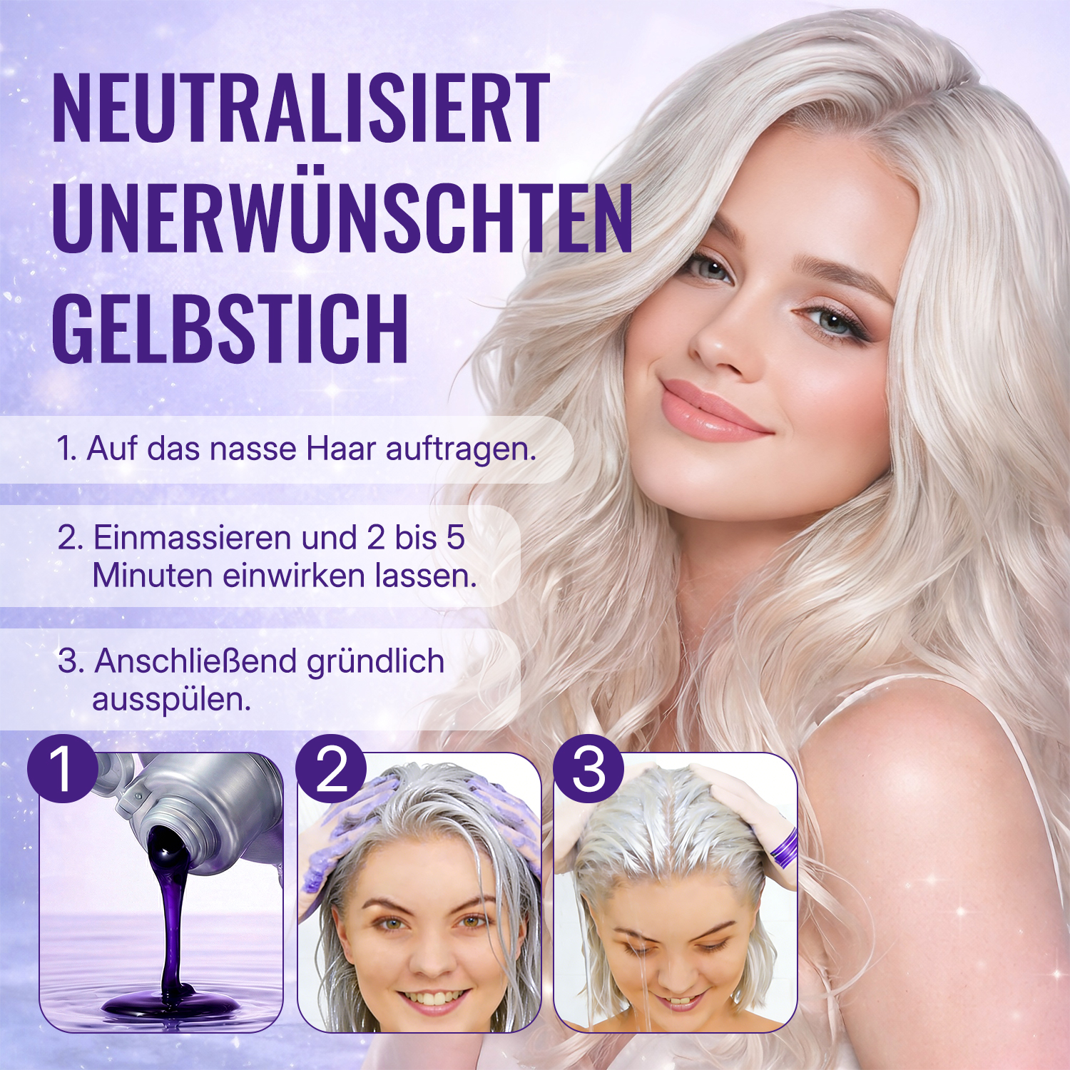 GENSOMING No Yellow Semi-Permanentes Färbeshampoo 300ml– neutralisiert Gelbstich nach Blondieren, mit Portulak-Extrakt, langanhaltende Farbe, kühle helle Blondtöne zu Hause