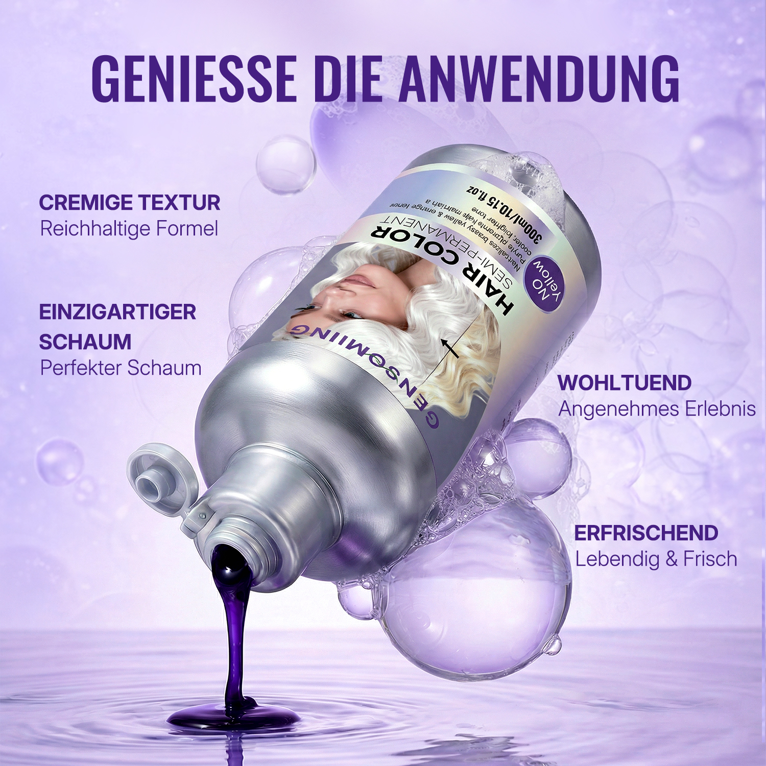 GENSOMING No Yellow Semi-Permanentes Färbeshampoo 300ml– neutralisiert Gelbstich nach Blondieren, mit Portulak-Extrakt, langanhaltende Farbe, kühle helle Blondtöne zu Hause