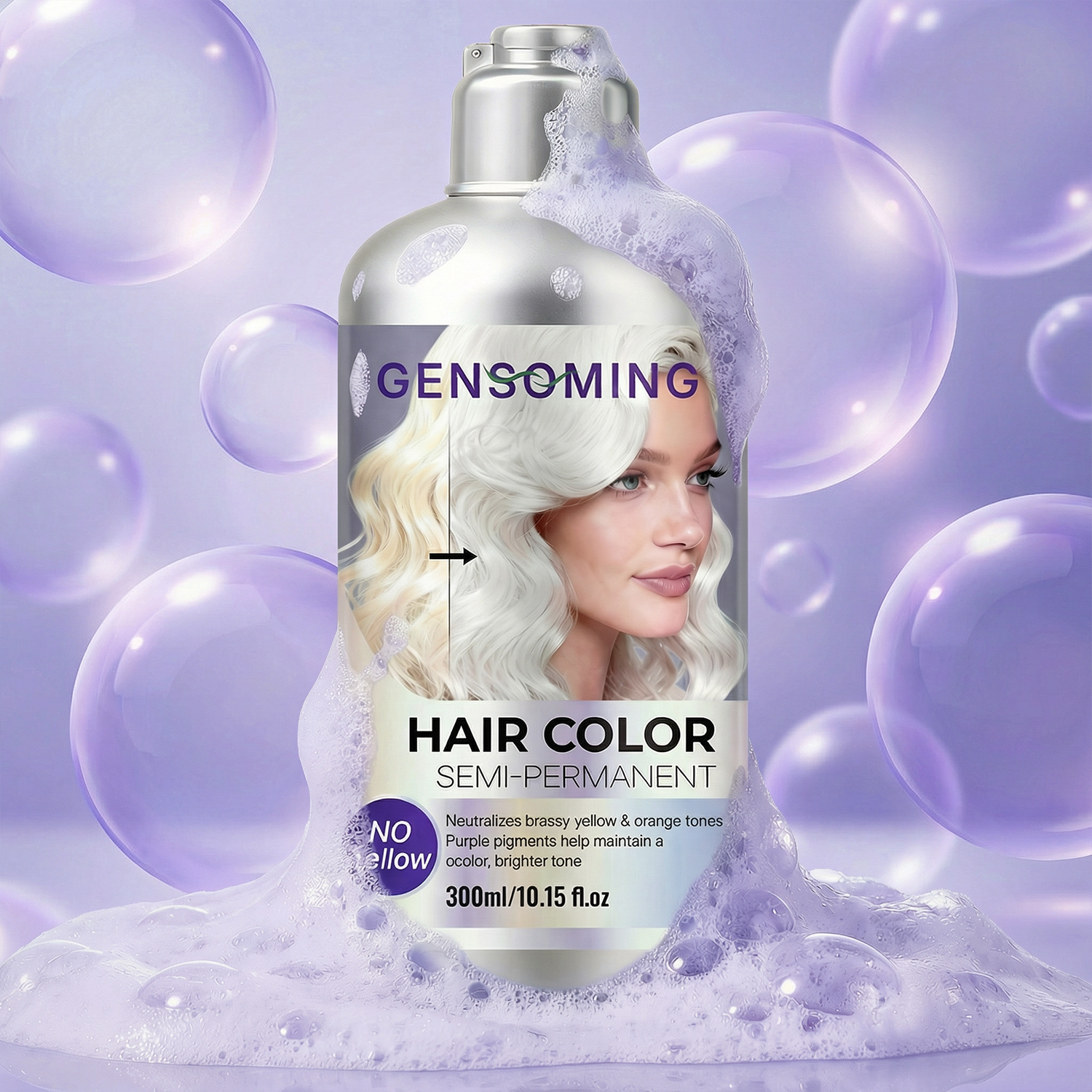 GENSOMING No Yellow Semi-Permanentes Färbeshampoo 300ml– neutralisiert Gelbstich nach Blondieren, mit Portulak-Extrakt, langanhaltende Farbe, kühle helle Blondtöne zu Hause