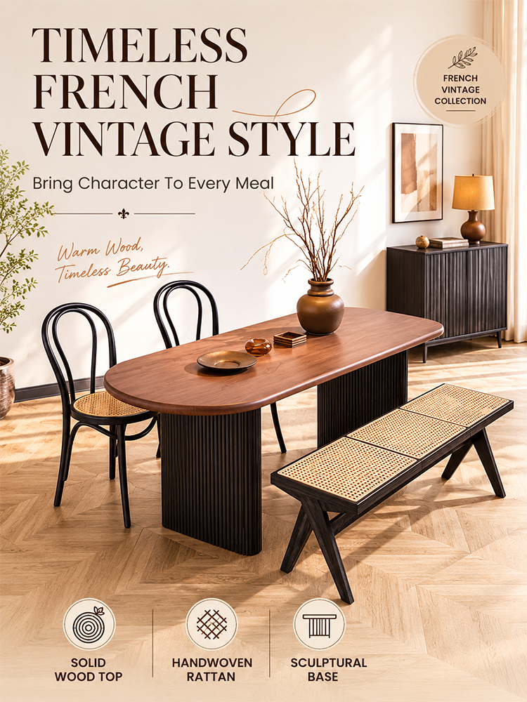 French solid wood dining table and chair set