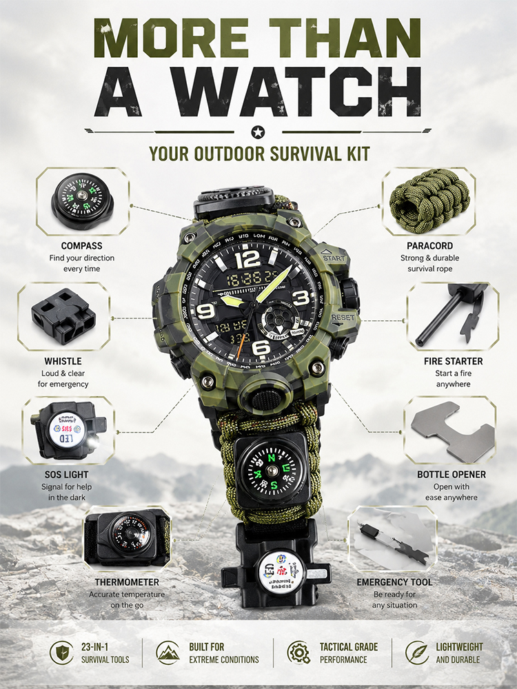 Outdoor survival multi-functional watch with three protection functions