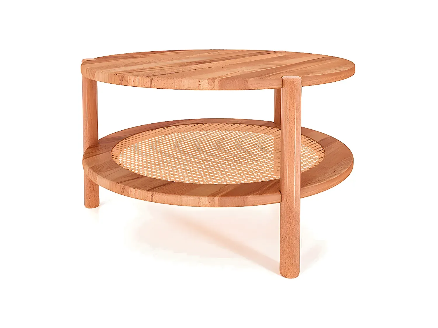 Niedriger Couchtisch aus geölter Kernbuche mit Rattan, rund